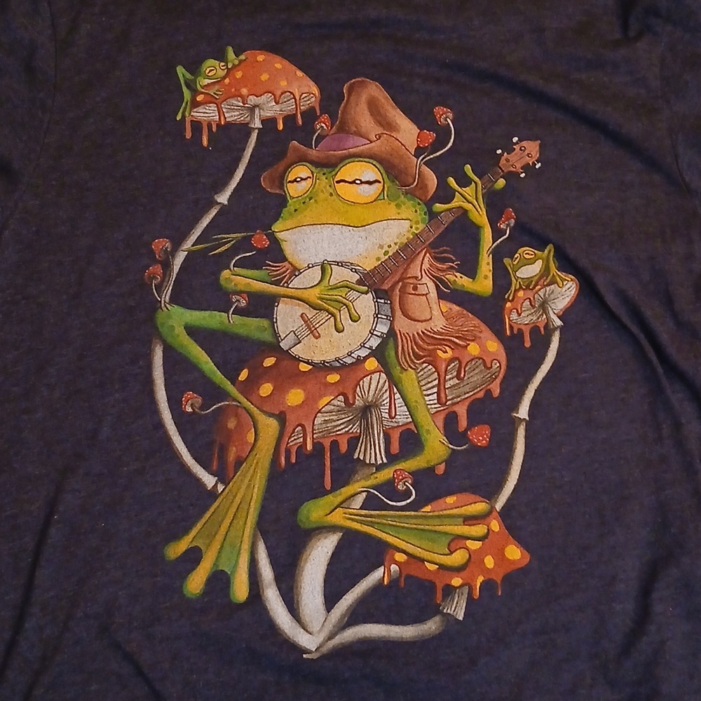 Blue Tshirt(Frog Playing Banjo W Cowboy Hat And Mushrooms), Sz.L.wmns.,sz.M.man